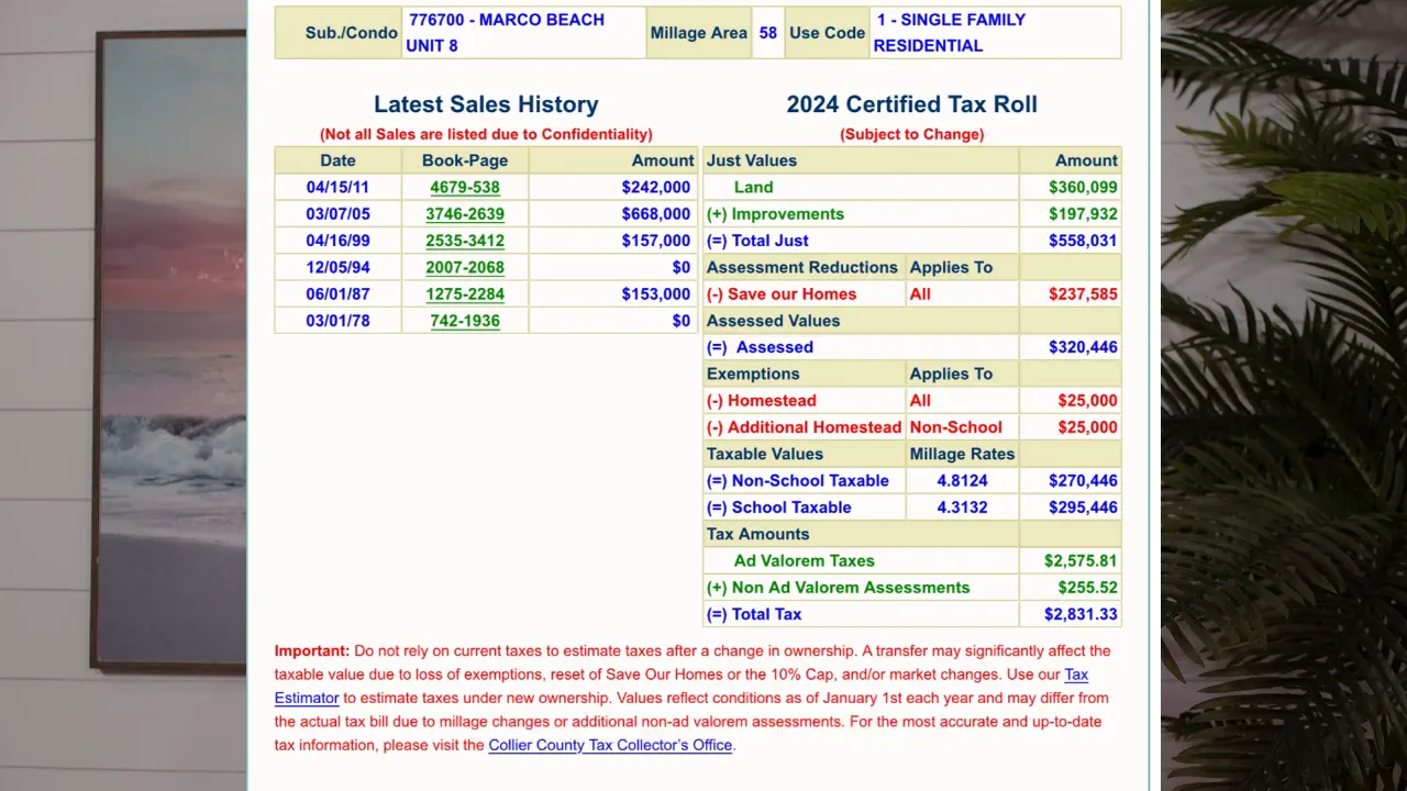 Example numbers showing purchase price, assessed value, and SOH savings