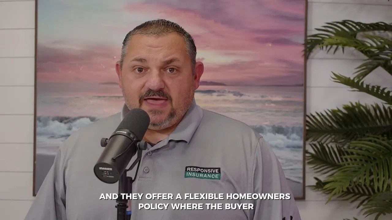 Insurance expert speaking into a microphone with a Responsive Insurance logo on his shirt; on-screen subtitle reads 'AND THEY OFFER A FLEXIBLE HOMEOWNERS POLICY WHERE THE BUYER'.