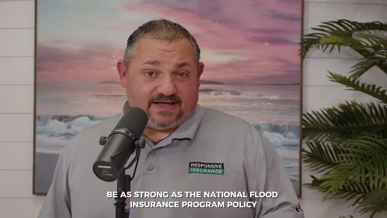 male insurance expert speaking into a microphone with Responsive Insurance logo on his shirt and caption about matching the National Flood Insurance Program