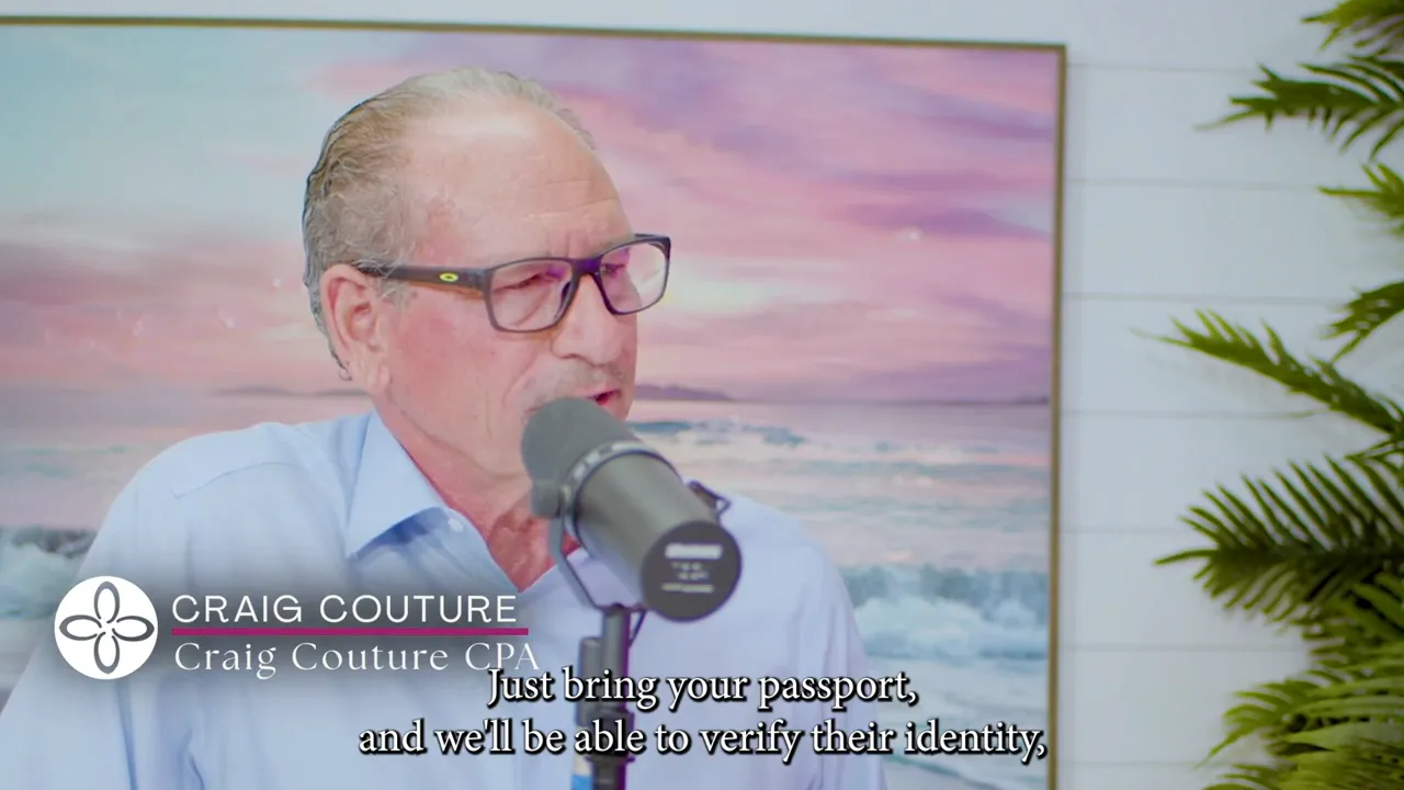 Wider shot of a tax advisor at a studio microphone explaining passport verification for ITIN applications.