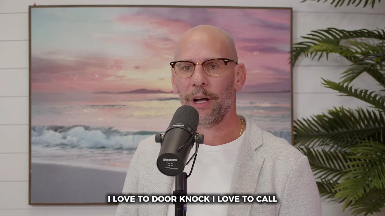 Agent on microphone with on-screen subtitle: 'I LOVE TO DOOR KNOCK I LOVE TO CALL', describing neighborhood outreach.