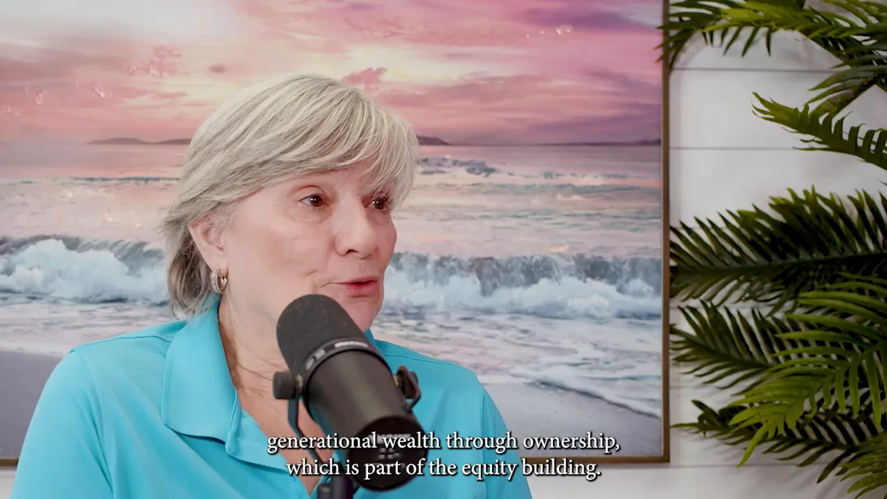 Podcast guest speaking with subtitle 'generational wealth through ownership, which is part of the equity building.' and beach artwork behind her.