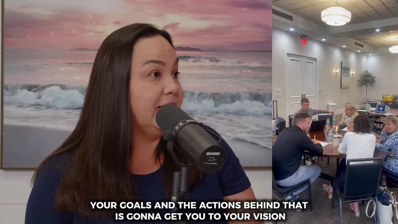 Split-screen of the interview on the left and a group of agents at a round table on the right with notebooks and laptops; subtitle reads 'so we have to work with intention'.