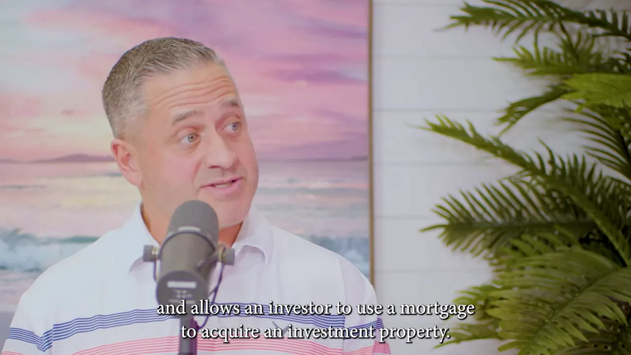 Interview-style frame of a lender representative with a microphone and subtitles about acquiring investment properties.