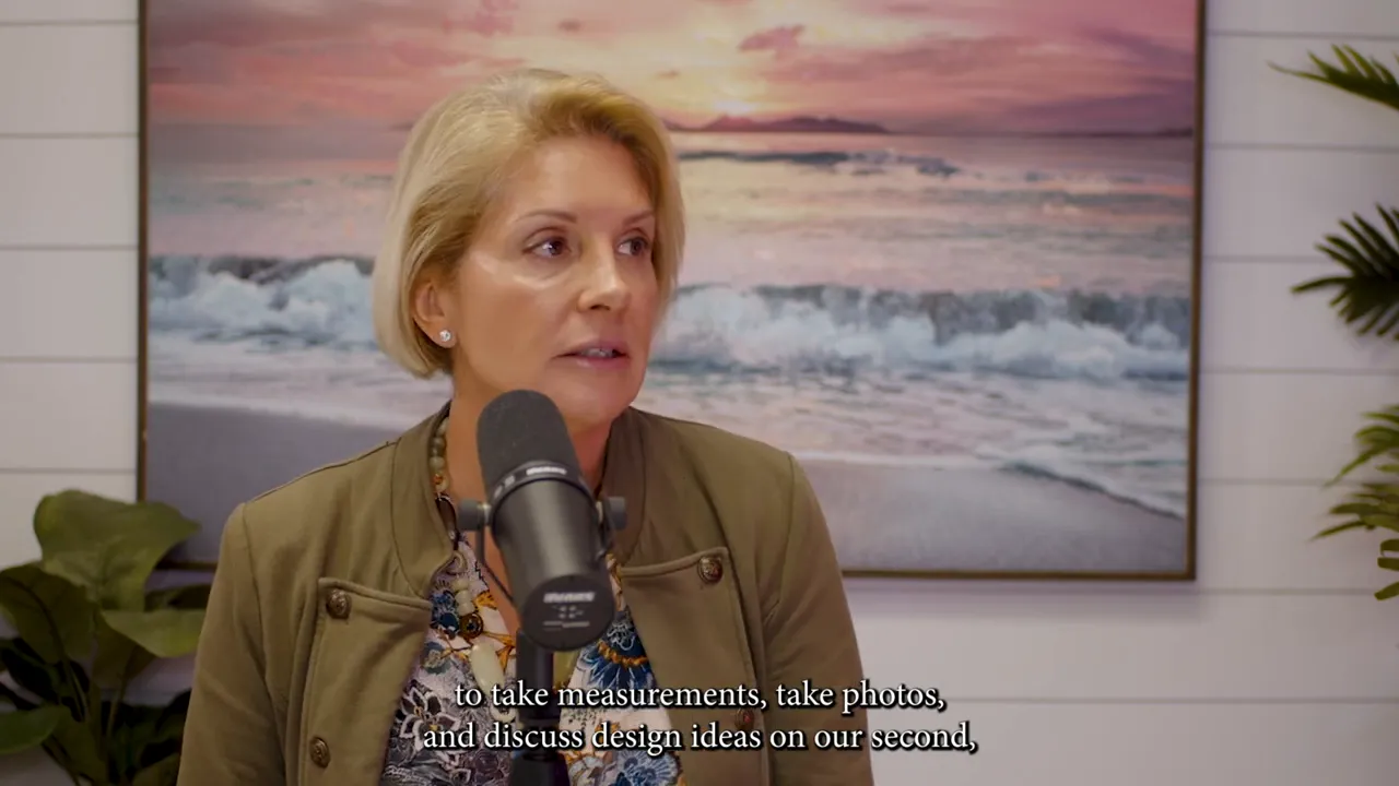 clear studio shot of speaker at a microphone with ocean artwork; subtitle reads 'to take measurements, take photos, and discuss design ideas'
