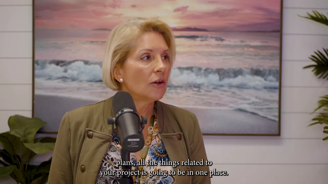 Speaker in a studio describing how plans and all project materials are kept in one online location for easy access.