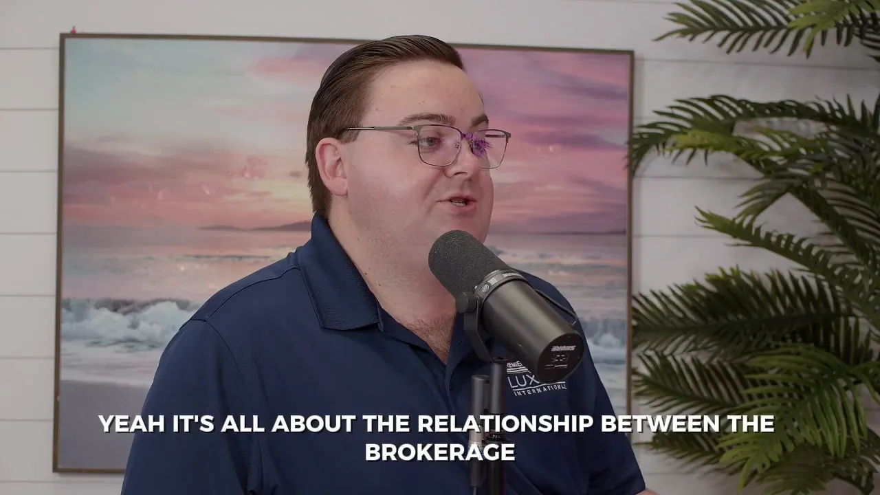 Podcast guest speaking into a microphone with caption 'YEAH IT'S ALL ABOUT THE RELATIONSHIP BETWEEN THE BROKERAGE' and plant and beach painting background.