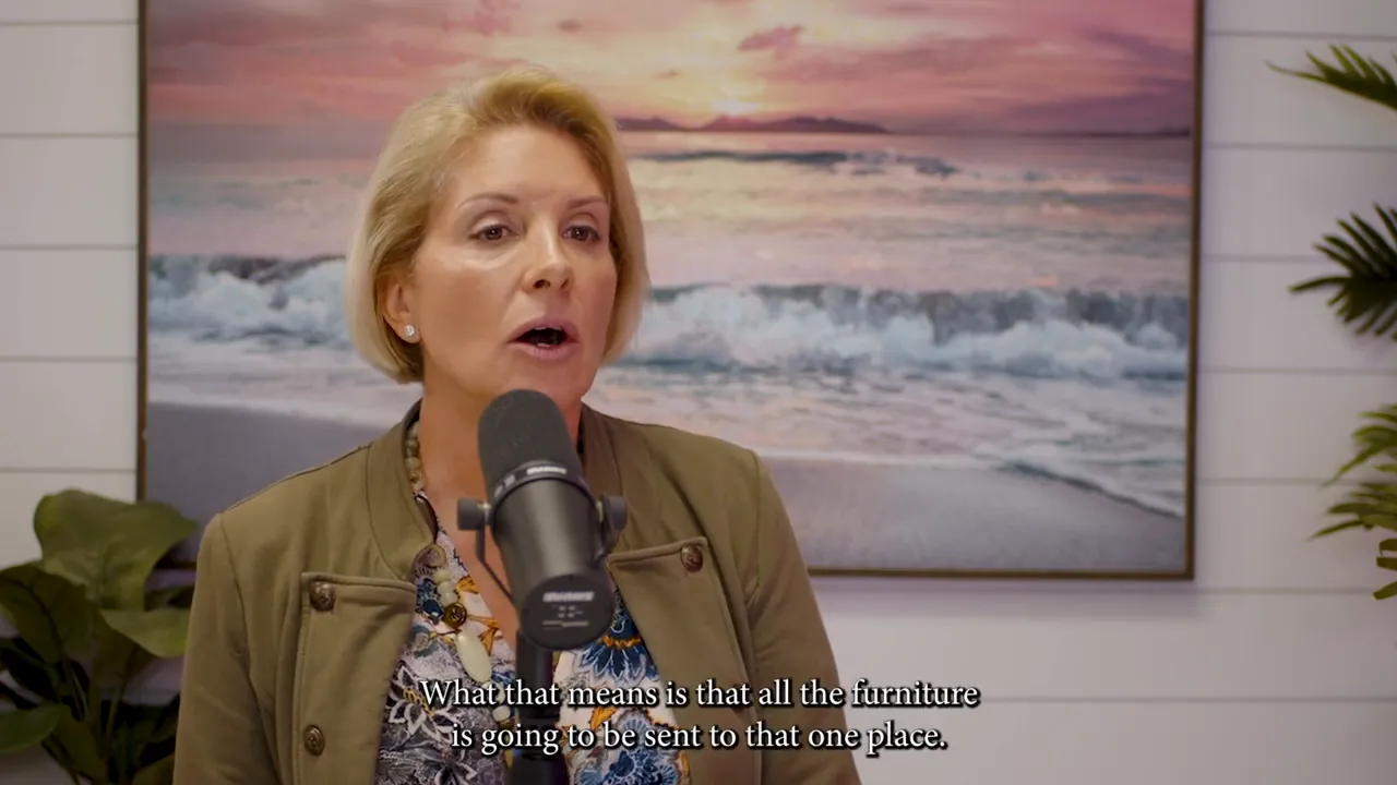 Interview shot of a speaker at a microphone describing that all furniture will be sent to one receiving location