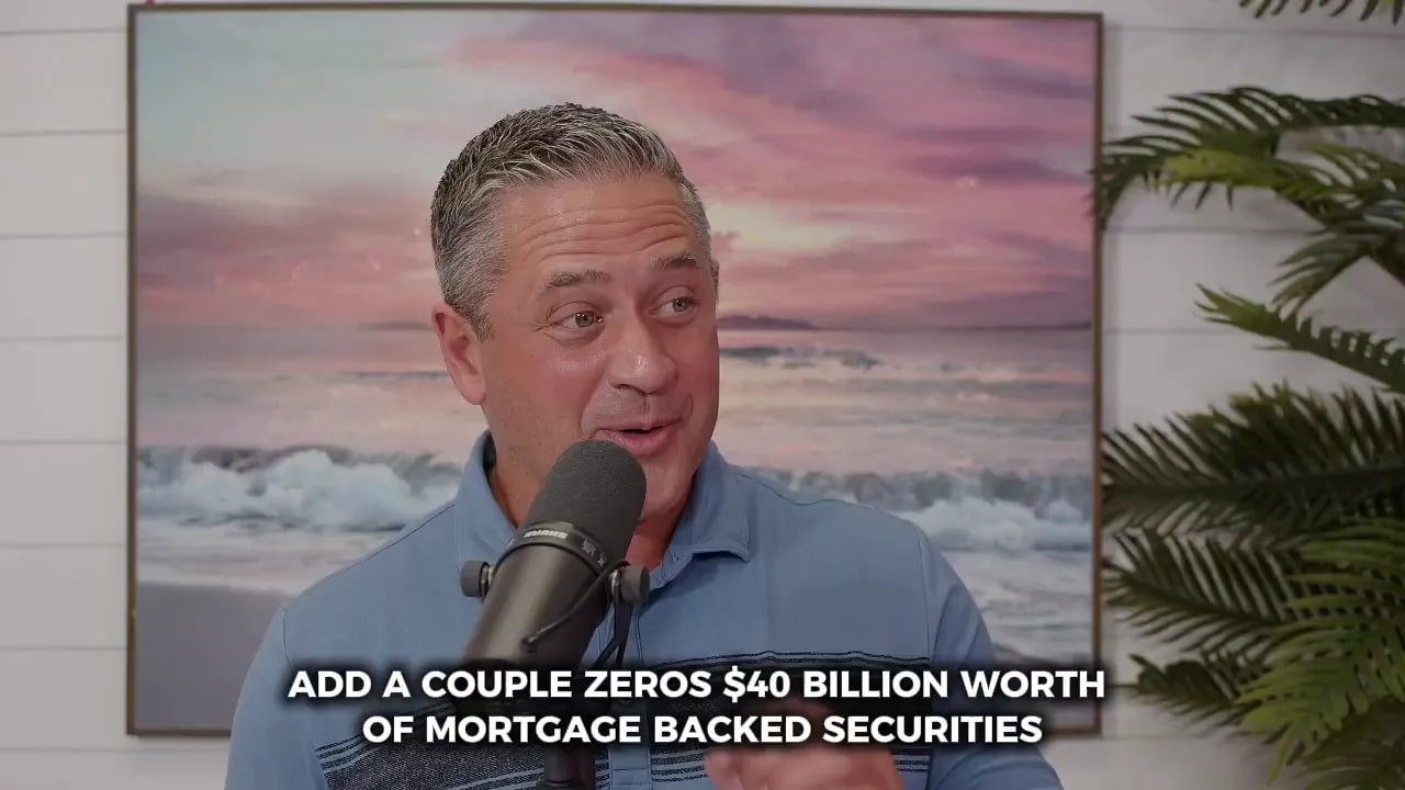 Podcast speaker at a microphone with an ocean painting backdrop and on-screen subtitle about $40 billion in mortgage-backed securities.