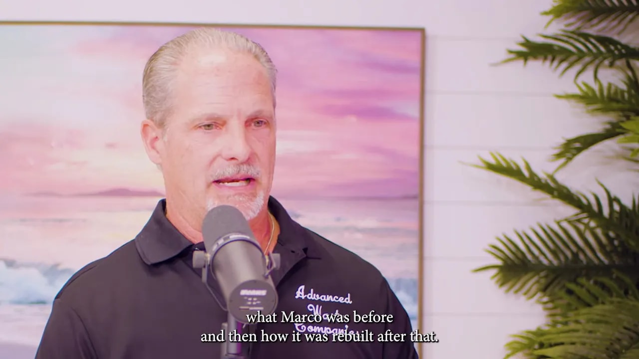 interview subject speaking into microphone with beach painting and plant in the background