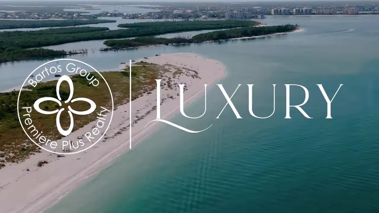 Aerial view of Marco Island shoreline with a 'Luxury' title overlay and branded seal.