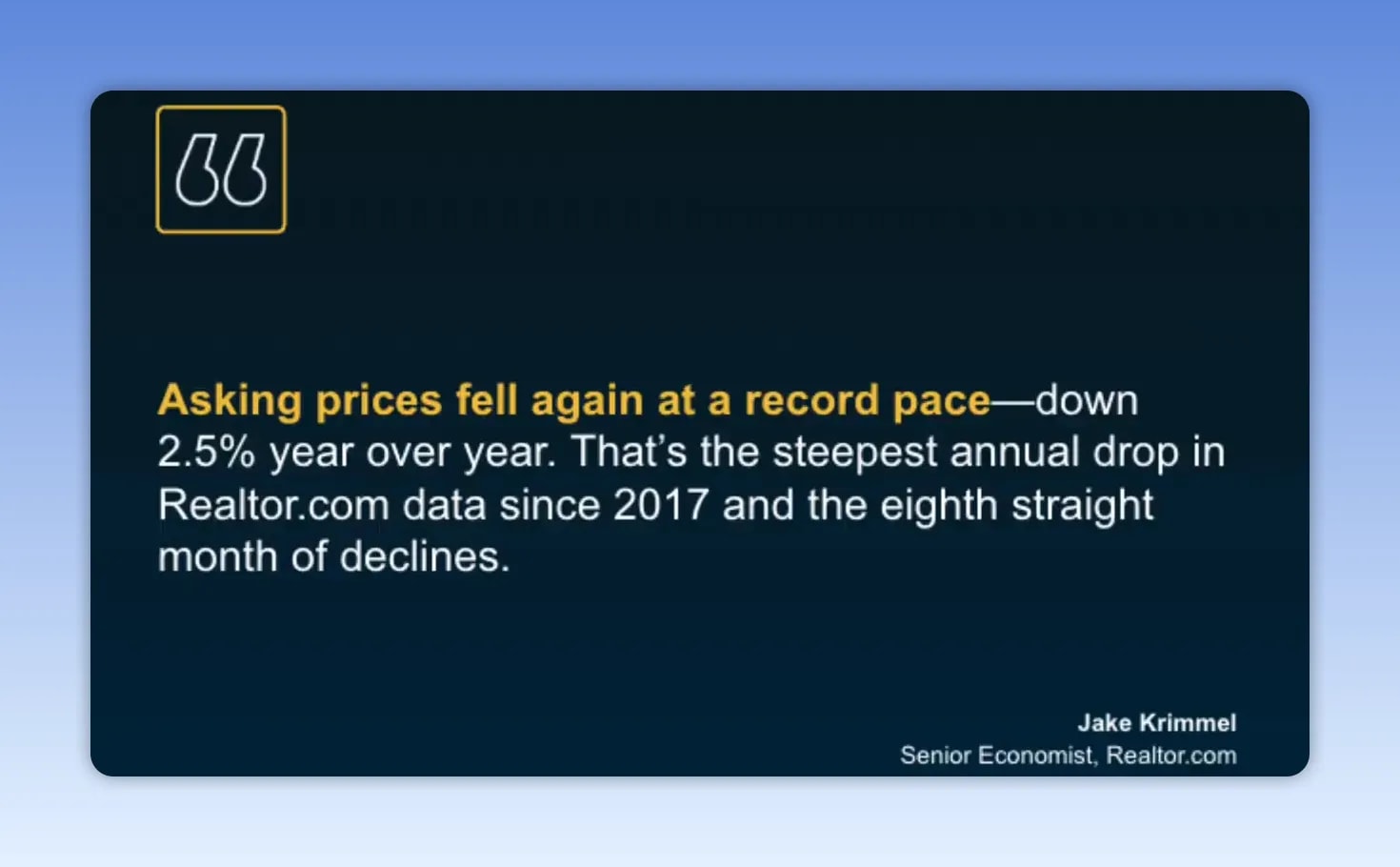 Slide stating asking prices fell 2.5 percent year over year at a record pace